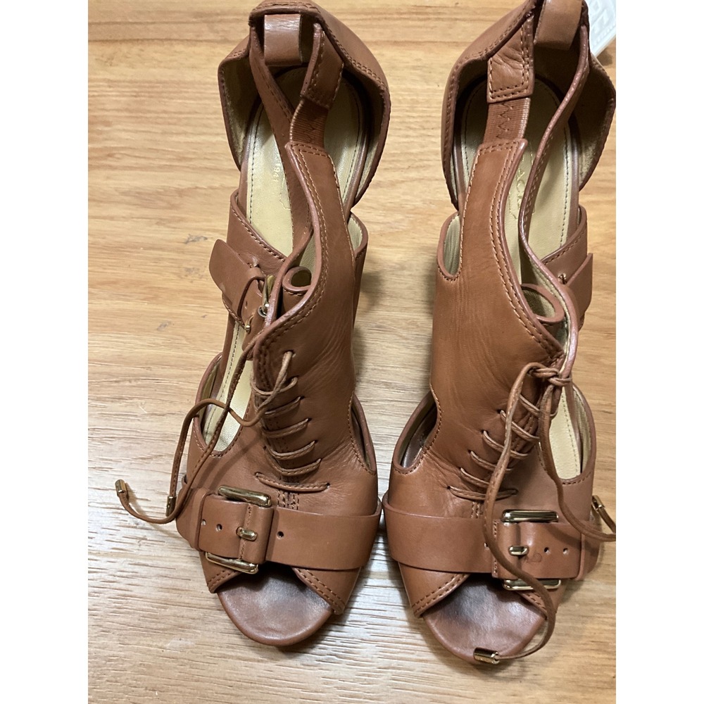 Coach Brown Leather Lace Up Buckle Gladiator Platform Heels Sandals 9.5 B